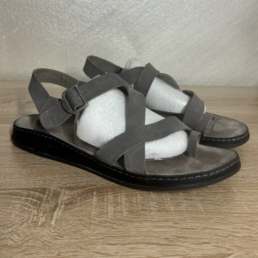 Chaco Wayfarer Loop Grey Leather Flat Samdals Women Size 11 - Picture 4 of 12